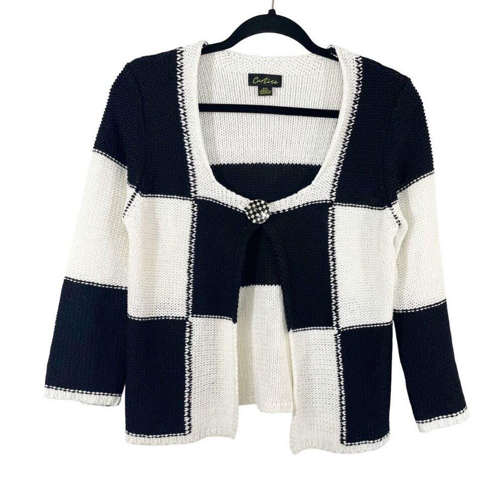 Cartise Black & White Checkered Print Knit Cardigan Sweater - Size Small